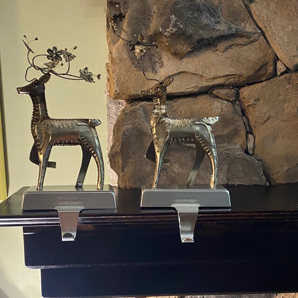 Set Of 2 Pressed Metal Reindeer Stocking Holders Pottery Barn